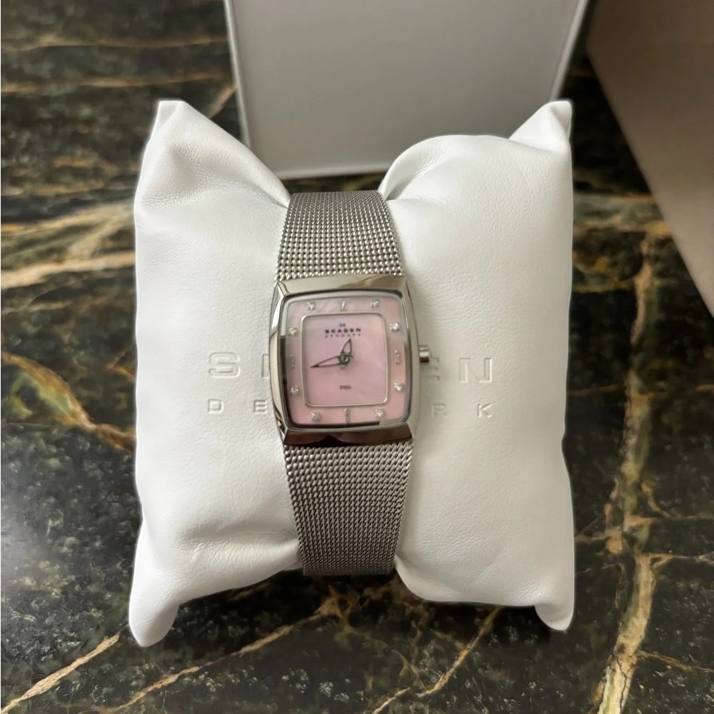 Skagen Denmark Pink Dial Crystal Accent Mesh Watch Silver Tone Boxed